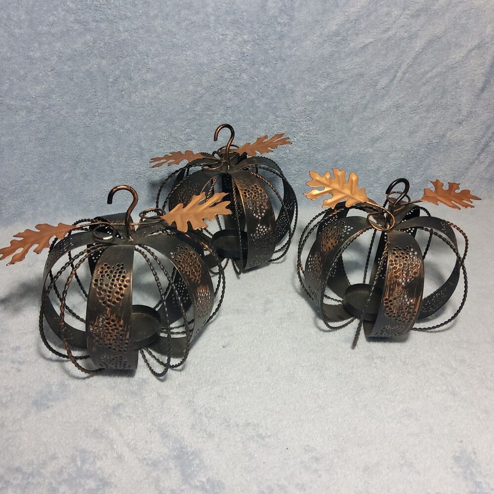 Set 3 Vintage Metal Pumpkin Tea Light Candle Holders Harvest Thanksgiving Decor